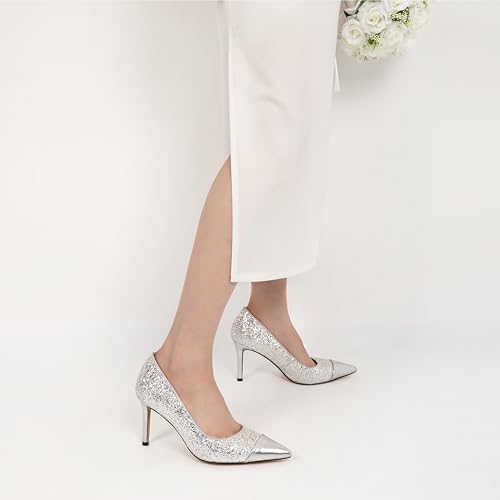 SAMMITOP Women Beaded Pumps Closed Pointed Toe High Heel Slip On Stilettos 3.5 Inch Sexy Heeled Dress Shoes Patent Leather
