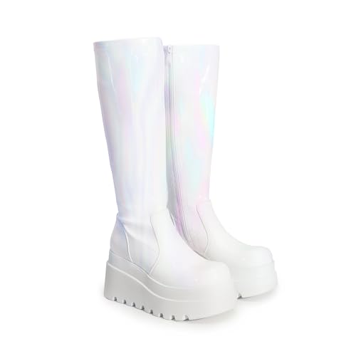 Women's Knee High Boots Wedge Platform Chunky Heel Round Toe Side Zipper Fashion Long Tall Sock Punk Goth Boots for Women