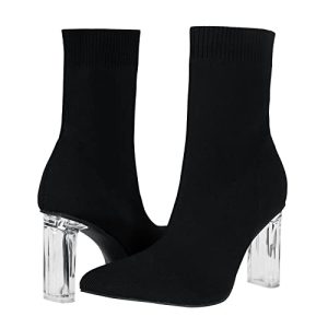 Women's Knit Sock Ankle Boots Pointed Toe Clear Mid Heel Slip-on Stretch Booties Shoes