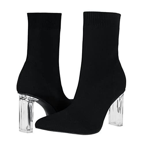 Women's Knit Sock Ankle Boots Pointed Toe Clear Mid Heel Slip-on Stretch Booties Shoes