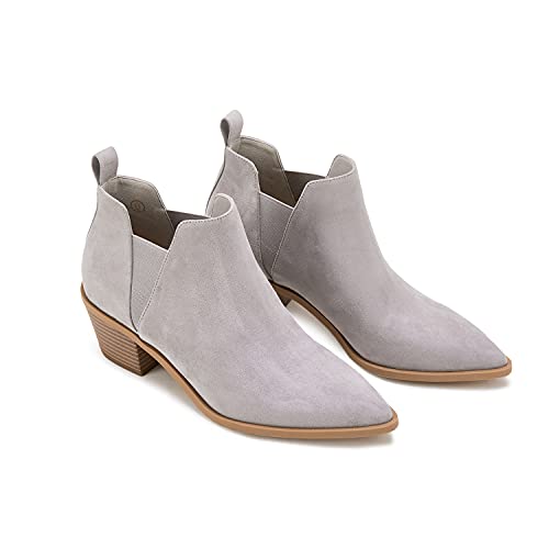 Womens Ankle Boots Pointed Toe Stacked Chunky Heel Slip on Chelsea Short Booties