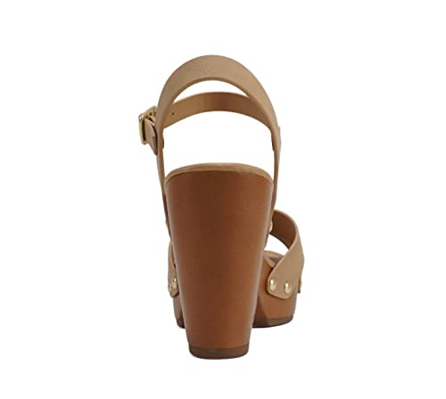 MIGUEL ~ Women Crisscross Band Fashion Chunky Platform Block Mid Heel Sandal with Ankle Strap and Stud