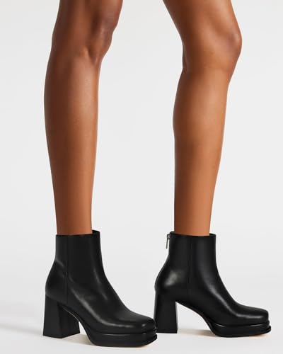 Women's Black Leather Platform GoGo Ankle Boots Square Toe High Chunky Block Heels with Back Zipper Comfort Party Dress Booties
