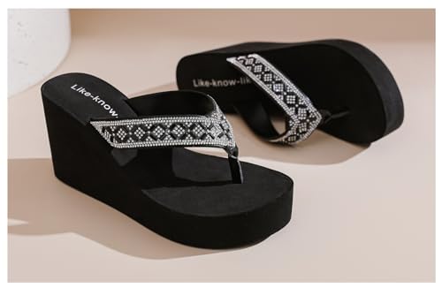 Rhinestone Wedge Sandals for Women Platform Flip Flops Wedge flip flops Wedding shoes Wedge Heels for Women Dressy