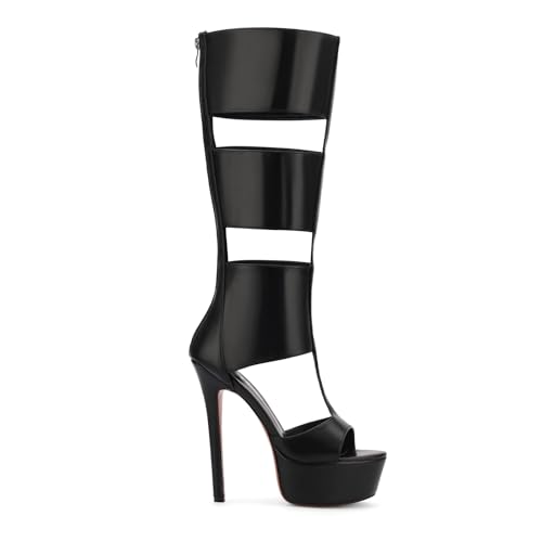 Platform Knee High Sandals for Women, Gladiator Open Toe Summer Boots Black Heels Sandal Booties, Sexy Style for Party, Black