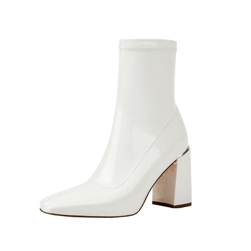 Womens Square Toe Ankle Booties Chunky Heel Boots Side Zipper Patent Leather Mid-Calf Boots