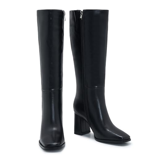 Women's Slim Calf Knee High Boots – Square Toe Block Heel Dress Boots, Side Zip Faux Leather Tall Boots for Narrow Calves, Fall
