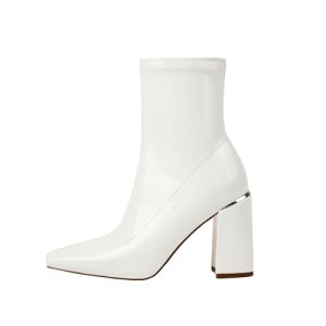 Womens Square Toe Ankle Booties Chunky Heel Boots Side Zipper Patent Leather Mid-Calf Boots