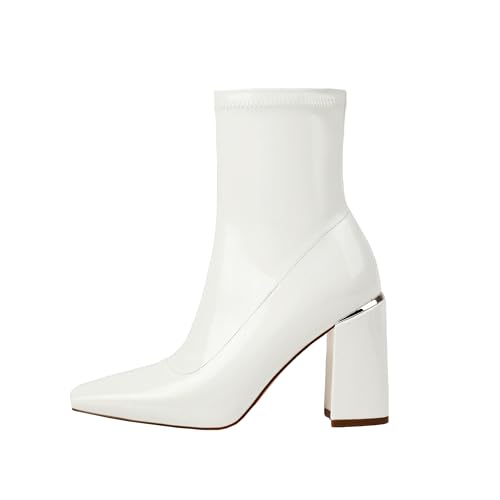 Womens Square Toe Ankle Booties Chunky Heel Boots Side Zipper Patent Leather Mid-Calf Boots