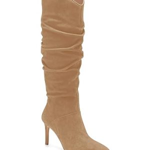 Womens Knee High Boots Faux Suede Almond Toe Stiletto High Heel Slouchy Side Zipper Booties