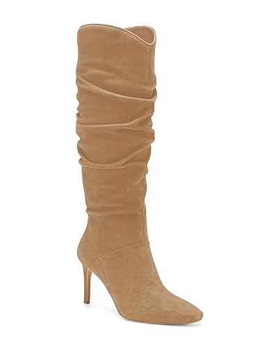 Womens Knee High Boots Faux Suede Almond Toe Stiletto High Heel Slouchy Side Zipper Booties