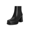 Women's Black Leather Platform GoGo Ankle Boots Square Toe High Chunky Block Heels with Back Zipper Comfort Party Dress Booties