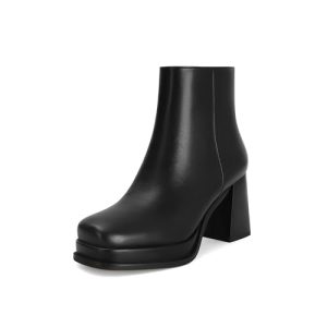 Women's Black Leather Platform GoGo Ankle Boots Square Toe High Chunky Block Heels with Back Zipper Comfort Party Dress Booties