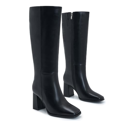Women's Slim Calf Knee High Boots – Square Toe Block Heel Dress Boots, Side Zip Faux Leather Tall Boots for Narrow Calves, Fall