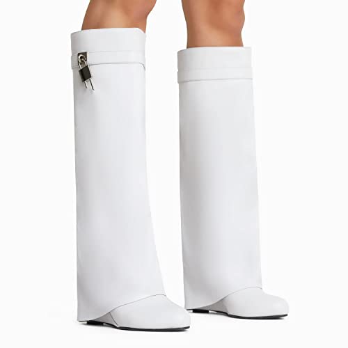 31o7O69809L.jpg Fold Over Wedge Boots Heeled PadLock Pant Knee High Shoes Tall/Short Booties in Black
