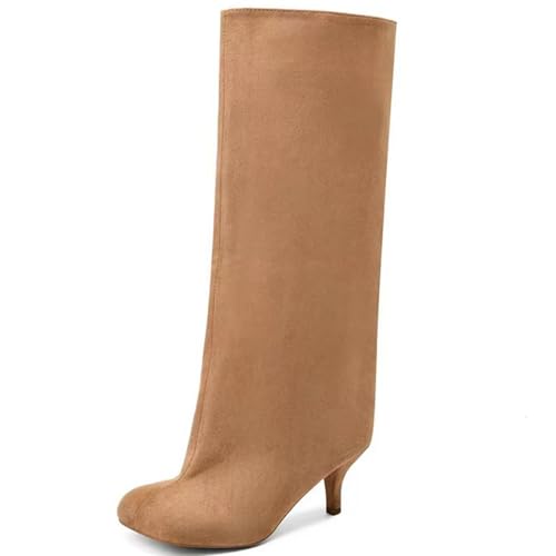 Women's Knee High Boots for Women Fashion Wide Calf Square Toe Kitten Pull On Slouchy Long Booties