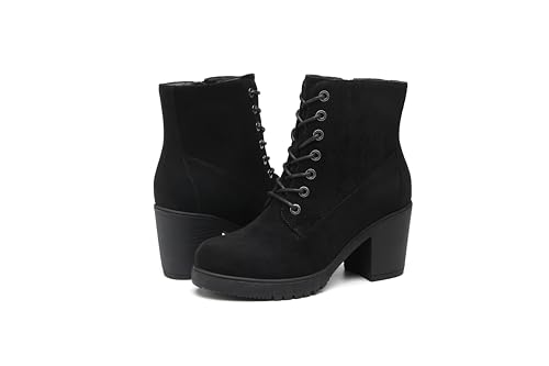 Women's Chunky Heel Ankle Boots Stylish High Heel Lace-Up Side Zipper Booties for Girls Black Women's Boots