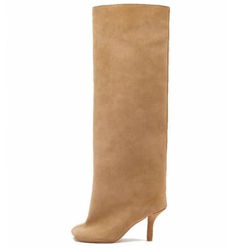 Women's Knee High Boots for Women Fashion Wide Calf Square Toe Kitten Pull On Slouchy Long Booties