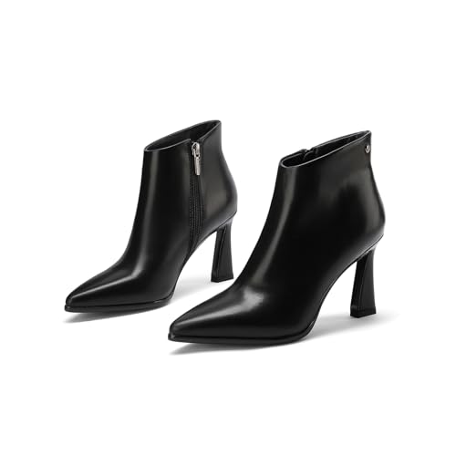 Womens Pointed Leather Thick High Heels 8.5cm/3.3in Rivet Ankle Boots Fashion Retro Party Boots