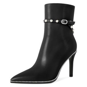 Women Ankle Boots Short Bootie Close Pointed Toe Stiletto High Heel Booties Fashion Beaded Pearl Buckle Dress Shoes 4 Inch