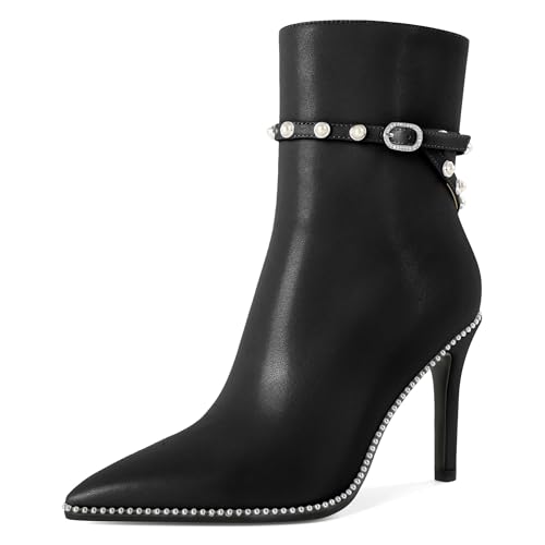 Women Ankle Boots Short Bootie Close Pointed Toe Stiletto High Heel Booties Fashion Beaded Pearl Buckle Dress Shoes 4 Inch