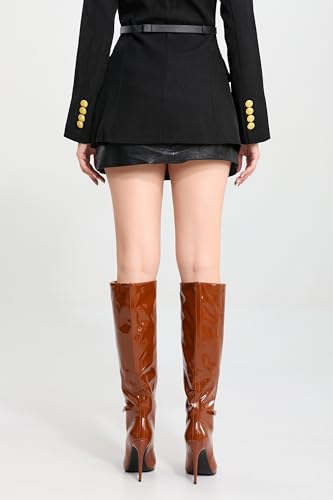 Knee High Boots for Women 4.3 IN Stiletto High Heel Boots Zipperless Glossy Patent Leather Tall Boots Pointed Toe 16 IN Shaft