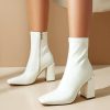 Womens Square Toe Ankle Booties Chunky Heel Boots Side Zipper Patent Leather Mid-Calf Boots