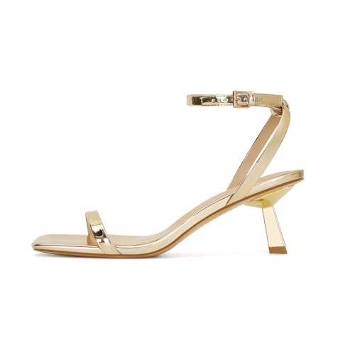 Gold Strappy Heels for Women Kitten Heel Sandals Open Square Toe Stiletto High Heels with Ankle Strap Comfort Dress Party Shoes