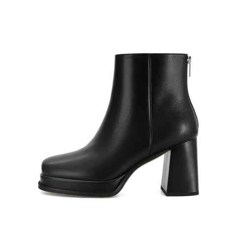 Women's Black Leather Platform GoGo Ankle Boots Square Toe High Chunky Block Heels with Back Zipper Comfort Party Dress Booties