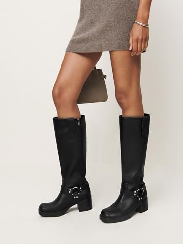 Women's Knee High Riding Boots Round Toe Block Heel Fashion Motorcycle Booties Side Zipper Wide Calf Biker Riding Boots with