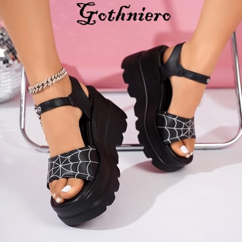 women black platform sandals goth chunky wedge heel summer sandals girls gothic punk platform sandals for women metallic spider