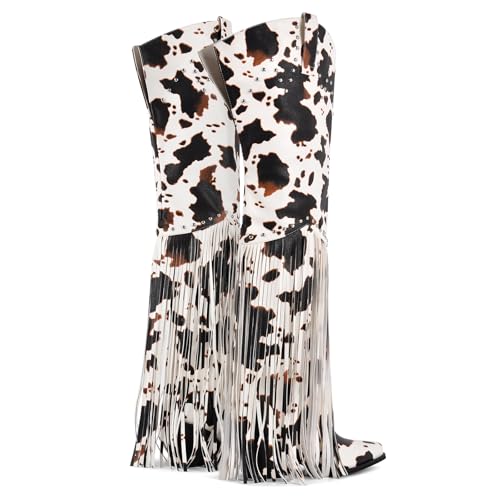 Fringe Thigh High Boots with Tassels Wide Calf Over Knee Western Cowboy Boots
