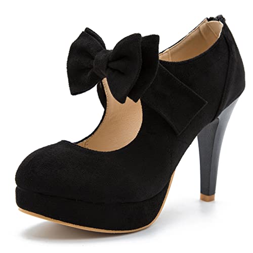 Women's Bow Heels Mary Jane High Heel Closed Toe Platform Vintage Dress Pumps