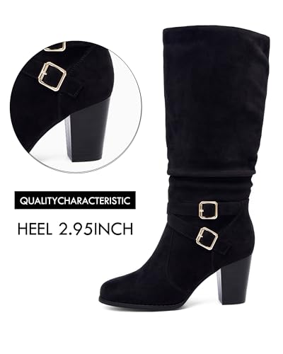 Womens Mid Knee High Boots Chunky Heel Slouchy Metal Buckle Side Zipper Fashion Winter Shoes