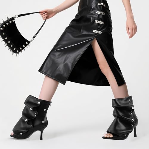 Open Toe Ankle Boots, Black Stiletto High Heels Slouchy Summer Boots Fold Over Slouch Shark Peep Toe Booties for Office Party,