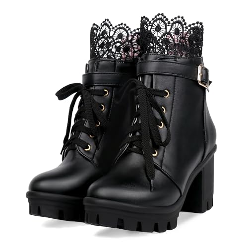 Women's Chunky Platform High Heel Boots Lace Up Gothic Ankle Booties Block Heel Buckle Punk Shoes