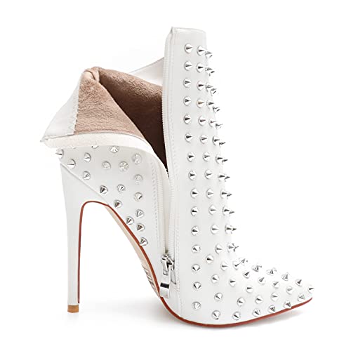 Women's Rhinestone Ankle Boots with Rivets Closed Pointed Toe Stilettos Autumn Warm Dress Booties