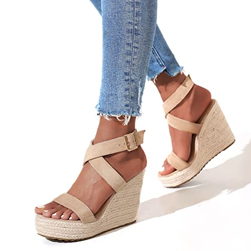 Women's High Heel Platform Espadrille Wedge Sandals Open Toe With Faux Leather Upper Cross Ankle Adjustable Buckle Strap Non