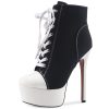 Women's Black Platform Ankle Boots Stiletto High Heel Short Boot Lace-Up Canvas Sneaker Booties Closed Round Toe Shoes with Side
