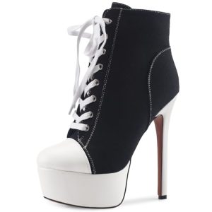 Women's Black Platform Ankle Boots Stiletto High Heel Short Boot Lace-Up Canvas Sneaker Booties Closed Round Toe Shoes with Side