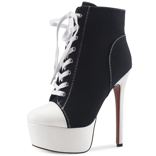 Women's Black Platform Ankle Boots Stiletto High Heel Short Boot Lace-Up Canvas Sneaker Booties Closed Round Toe Shoes with Side