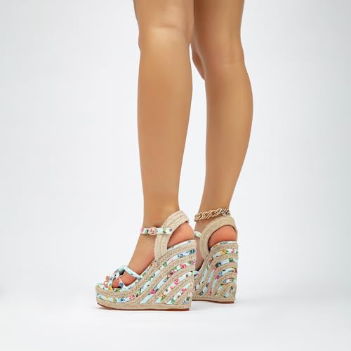 Women's Espadrille Wedge Sandals Flower Pattern Ankle Strap Open Toe Platform High Heel Sandals Dress Shoes