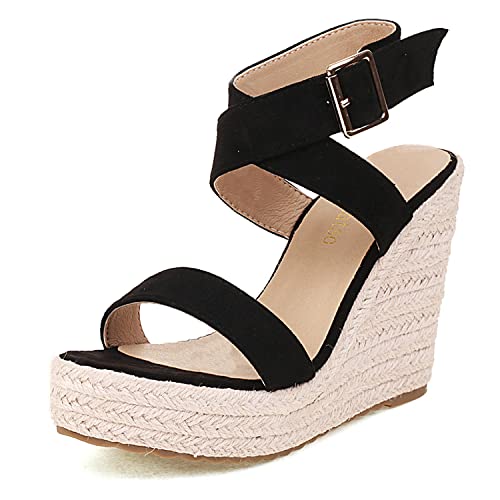 Women's High Heel Platform Espadrille Wedge Sandals Open Toe With Faux Leather Upper Cross Ankle Adjustable Buckle Strap Non