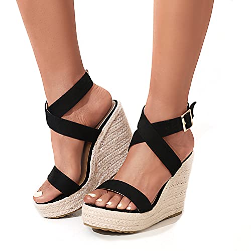 Women's High Heel Platform Espadrille Wedge Sandals Open Toe With Faux Leather Upper Cross Ankle Adjustable Buckle Strap Non