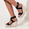 Women's High Heel Platform Espadrille Wedge Sandals Open Toe With Faux Leather Upper Cross Ankle Adjustable Buckle Strap Non