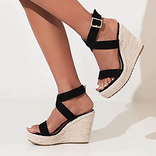 Women's High Heel Platform Espadrille Wedge Sandals Open Toe With Faux Leather Upper Cross Ankle Adjustable Buckle Strap Non