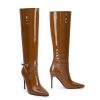 Knee High Boots for Women 4.3 IN Stiletto High Heel Boots Zipperless Glossy Patent Leather Tall Boots Pointed Toe 16 IN Shaft