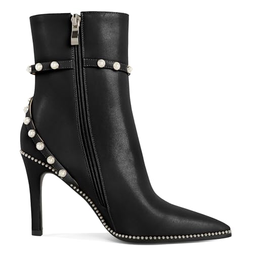 Women Ankle Boots Short Bootie Close Pointed Toe Stiletto High Heel Booties Fashion Beaded Pearl Buckle Dress Shoes 4 Inch