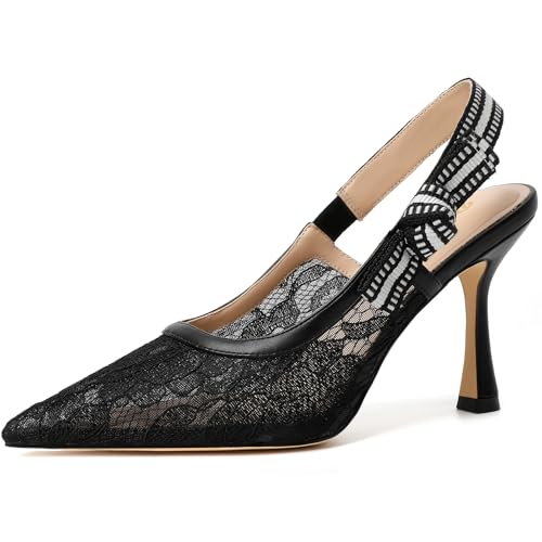 Women Slingback High Kitten Heel Shoes Closed Pointed Toe Dress Pumps Slip on Patent Leather Comfort Stiletto Heels Braided