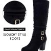 Womens Mid Knee High Boots Chunky Heel Slouchy Metal Buckle Side Zipper Fashion Winter Shoes